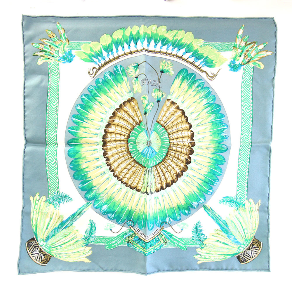Hermes Scarf/Muffler, Carre 42 BRAZIL, Green/Gray, 100% Silk, Petit Carre/Min...